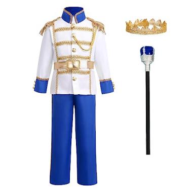 Imagem de Prince Charming Costume For Boys Kids Royal Prince Outfits Long Sleeve Jacket Pants Crown Belt Set Carnival Dress Up Costume Halloween Birthday Party Role Play Clothes Royal Blue（3pcs） 8-10 Years
