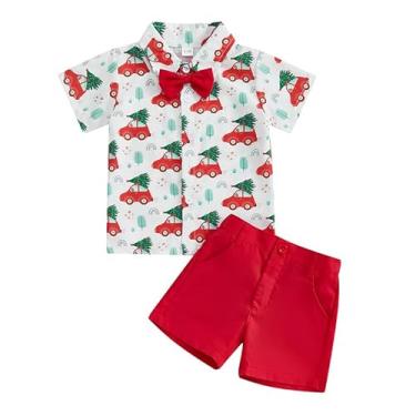 Imagem de Adokioths Conjunto de roupas de verão para bebês meninos, manga curta, abotoada, casual, shorts e roupas de praia, Roupa de bebê de Natal para carro, 6-12 Meses