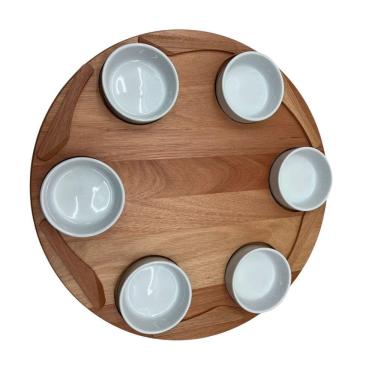 Imagem de Petisqueira Madeira Giratória Com 6 Espátulas E 6 Cumbucas Em Porcelana