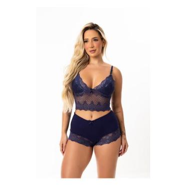 Imagem de Short Doll Renda Baby Doll Confortável Pijama Feminino Nice Marinho - 