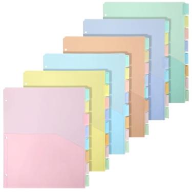 Imagem de 6 conjuntos de divisórias de fichário com 8 abas com bolsos para 3 fichários de plástico de 21 x 28 cm, divisórias de página perfuradas com 3 furos, divisórias coloridas e resistentes para escritório,