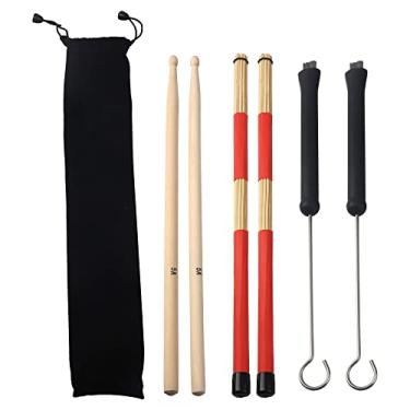 Imagem de Yootones Conjunto de baquetas de tambor, 1 par de escovas de tambor, 1 par de escovas de tambor retráteis, 1 par de baquetas clássicas de madeira de bordo 5A e 1 bolsa de armazenamento portátil para