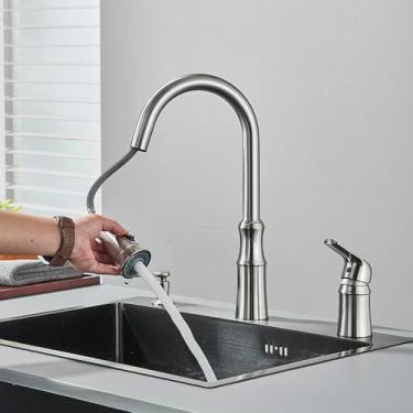 Imagem de Torneira de pia de cozinha retrátil com dispensador de sabão, alça única, furo duplo, montagem no deck, misturador de água fria e quente, torneira de bancada, escova de níquel
