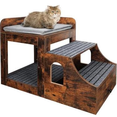 Imagem de SEPTBOT Poleiro de janela para gatos com escadas removíveis, beliche grande para animais de estimação com gaveta e almofada para cães e gatos, moldura forte para cama, casa, interior, marrom rústico
