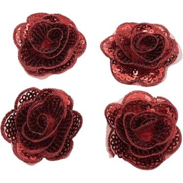 Imagem de Carytalee 5 peças rosa flor lantejoulas renda bordado aplique aplique acabamento vestido de casamento faça você mesmo costura artesanato roupas apliques, 4 cm, vermelho