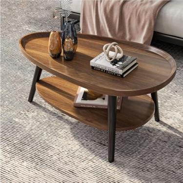 Imagem de Mesa de centro oval de 2 camadas, mesa de centro moderna de meados do século, design oval espaçoso, mesa lateral de sofá de espaço pequeno, mesa de centro rústica de fazenda, carvalho, 100 cm