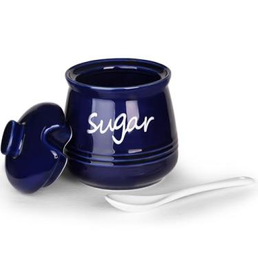 Imagem de HAOTOP Açucareiro de 340 g com tampa e colher, pote de açúcar de cerâmica, dispensador de açúcar, recipiente de açúcar, acessórios de barra de café, recipientes de bancada de cozinha, azul marinho
