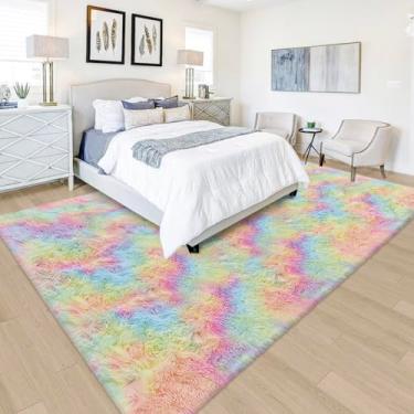Imagem de Tapete colorido arco-íris fofo para sala de estar, 13 x 20 cm, kawaii, tie dye, tapete felpudo de unicórnio para quarto, meninas, crianças, berçário, bebê, princesa, dormitório, decoração de casa,