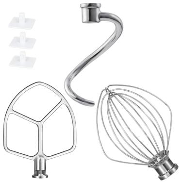 Imagem de Acessórios de batedeira de cozinha para batedeira KitchenAid, gancho de massa de 6 QT K256WW, chicote de arame e lâmina plana, acessórios de aço inoxidável para auxiliar de cozinha, batedeira de 5,5 a