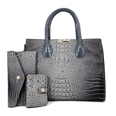 Imagem de Bolsa feminina de couro sintético envernizado com alça superior, bolsa tiracolo de ombro com estampa de crocodilo, conjunto de 3 peças, Cinza, 12.5'' x 5.5'' x 9.8'' (32 x 14 x 25 cm)
