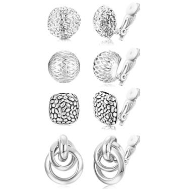 Imagem de ORAZIO 4 pares de brincos de pressão para mulheres, brincos de argola de ouro e prata, brincos grossos com clipe de lágrima, brincos redondos de pressão, sem piercing, conjunto de brincos falsos