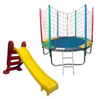 Imagem de Kit Brinquedos Playground Cama Elástica Pequena Pula Pula Trampolim 1,