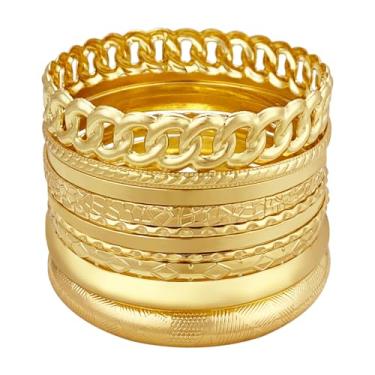 Imagem de YBMYCM Conjunto de 10 pulseiras de ouro para mulheres, multicamadas, empilháveis, largas, pulseiras indianas, grossas, étnicas, brilhantes, texturizadas, bijuterias, Large, Metal, Sem Pedra Preciosa