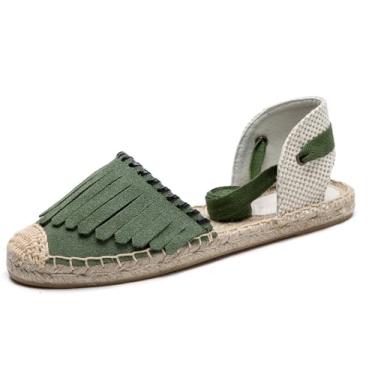 Imagem de U-lite Sandália feminina espadrille rasteira fechada no tornozelo, cadarço clássico verão elegante sapatos rasos, Camurça verde, 40