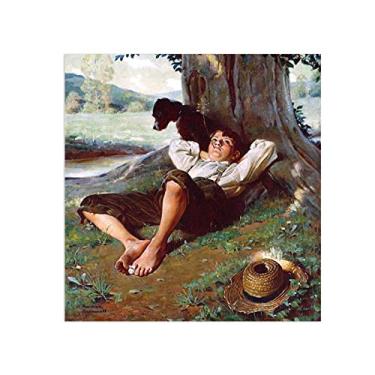 Imagem de Norman Rockwell Prints-Canvas Print Wall Art Famous Painting - "Barefoot Boy Daydreaming", reprodução de arte, pôsteres, para decoração de parede de sala de estar, moldura 30 x 30 cm (12 x 12 pol)