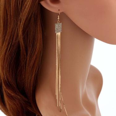 Imagem de Brinco Feminino Franja Longo Fino Luxo Strass Festas Dourado