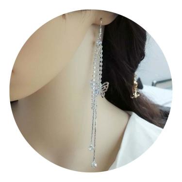 Imagem de Brinco Feminino Franja Longo Strass Prata Borboletas Brilho