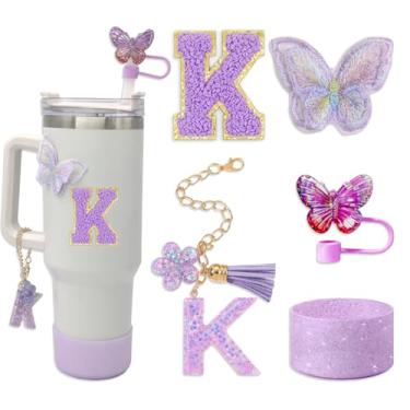 Imagem de Conjunto de acessórios Stanley Cup para Tumbler Stanley, incluindo capa de canudo de borboleta de 10 mm, pingentes de letras de copo, bota de silicone brilhante, adesivo de letras e adesivo bordado de