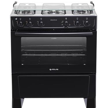 Imagem de Fogão Atlas Mônaco 5 Bocas Preto, Forno Limpa Fácil, Tampa De Vidro, Mesa De Inox Bivolt
