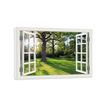 Imagem de Vista da Janela Paisagem Pintura em Tela-Tree Sunshine Meadow-Impressão Lona Arte Parede Natural-Decoração Sala Estar 50x70cm Tela Embrulhada