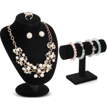 Imagem de RattanView Conjunto de 2 peças de exibição de joias de veludo preto, suporte de busto de manequim e suporte de pulseira de barra em T, colar, pulseira, anel, brincos, suporte de exibição para lojas de