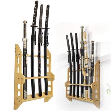 Imagem de Suporte de espada suporte de parede para espadas, suporte para katanas, prateleiras para espadas, suporte de parede de madeira para exibição de armas com 3 a 9 camadas, gancho vertical para espadas