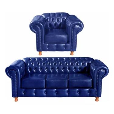 Imagem de Conjunto Sofá 3 Lugares E Poltrona Chesterfield Luís Xv Vintage Retrô Capitonê Couro Azul