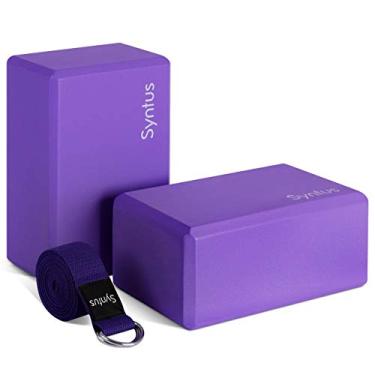Imagem de Syntus Yoga Block and Yoga Strap Set, 2 blocos de ioga macios de espuma EVA antiderrapante 9 × 6 × 4 polegadas, tira de metal D para ioga, fitness geral, pilates, exercícios de estiramento e tonificação