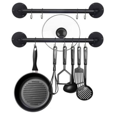 Imagem de Aduanbang Rack de panela e frigideira montado na parede de 53 cm (conjunto de 2) – Trilho de pendurar para cozinha de tubo de ferro industrial com 10 ganchos S para organização de utensílios, panelas