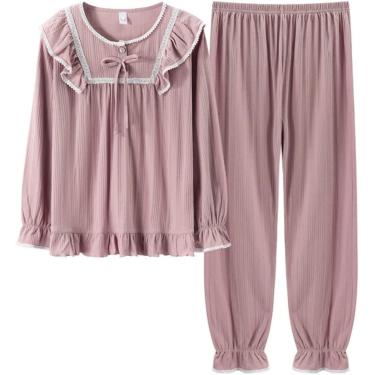 Imagem de Pijamas Femininos, Novidade Simples Cor Sólida Rosa Algodão Babados Pijamas Top Calças De Perna Larga Aconchegante Macio Respirável Manga Comprida Loungewear Conjuntos Para Mulheres, S