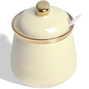 Imagem de HAOTOP Açucareiro de 340 g com tampa e colher, pote de açúcar de cerâmica simples, recipiente de açúcar, dispensador de açúcar, acessórios de barra de café, latas de bancada de cozinha modernas, bege