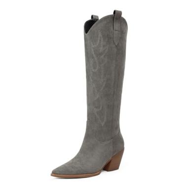 Imagem de iiimmu Botas femininas Cowgirl, cano alto, bico fino, salto bloco, camurça caubói e couro sintético com bordado, Cinza claro, 35