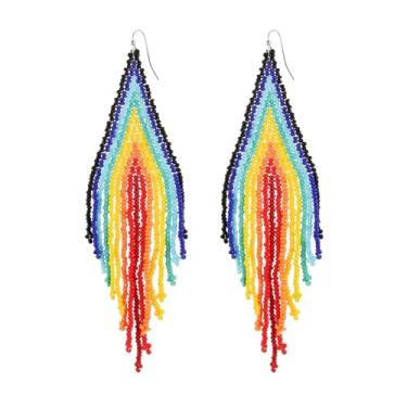 Imagem de HZMAN Brincos femininos Boho com contas coloridas de acrílico com borla, brincos pendentes de franja, presente de joias