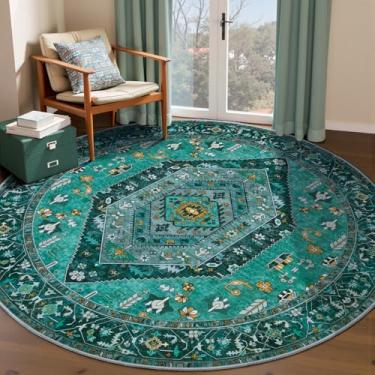 Imagem de SERISSA Tapete redondo boho, tapete circular lavável antiderrapante de 1,5 m, ultramacio, oriental, vintage, azul-petróleo, tapete circular para quarto, entrada, quarto de crianças, escritório