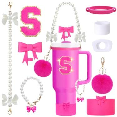 Imagem de Conjunto de acessórios de copo Stanley rosa de 9 peças para copo de 850 g 1,134 g com alça, inclui alça de pérola, topos de palha e bota de laço, pingentes de decoração, adesivo de letra, tampas à