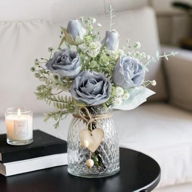 Imagem de JOHOUSE Flores artificiais com vaso, arranjo de rosa sintética cinza de 31 cm, flores falsas em vaso com etiquetas para mesa de jantar, decoração de escritório em casa
