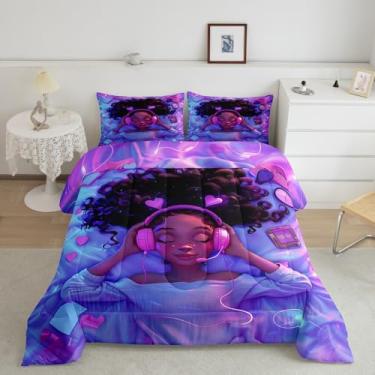Imagem de meiyoeat Jogo de cama solteiro para meninas negras, crianças, ouvindo música, com fone de ouvido, respirável, roxo, azul, 1 edredom com 1 fronha