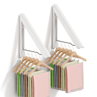 Imagem de BAKON Estante de secagem de roupas, prateleiras de lavanderia para secar roupas, cabide retrátil montado na parede para lavanderia, garagem, uso interno e externo, alumínio (2 prateleiras, branco)