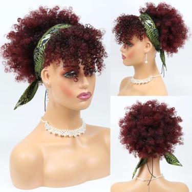 Imagem de MKJVEN Extensão De Rabo Cavalo Com Cordão Borgonha Afro Puff Franja Para Mulheres Negras Perucas Crespas E Cacheadas Mohawk (Tbug)