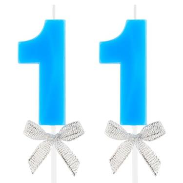 Imagem de Vela de aniversário de 11 anos, lindo laço azul, número 11 velas, design 3D, enfeite de bolo, decoração de feliz aniversário, para crianças, meninos, meninas, comemorações, artigos de festa