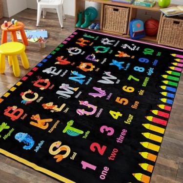 Imagem de USTIDE Tapete preto para sala de aula, 10 x 15 cm, alfabeto educativo e número, tapete infantil com letras em forma de animal para sala de aula, sala de jogos, quarto e sala de estar