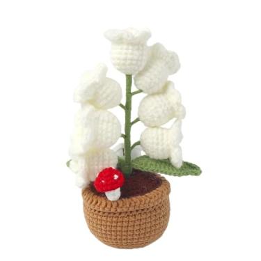 Imagem de Maricrosea Mini vaso de flores de crochê, branco feito à mão, lírio do vale, flor artificial leve para casa, carro, escritório, presente para professores e mães