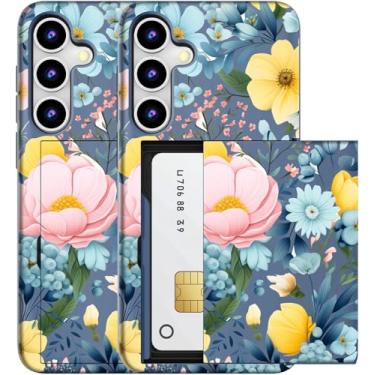 Imagem de MUQR Capa compatível com Samsung Galaxy S23 com porta-cartão fofo - Design Kawaii, proteção contra quedas de grau militar, capa carteira robusta para mulheres (flores de peônia azul)