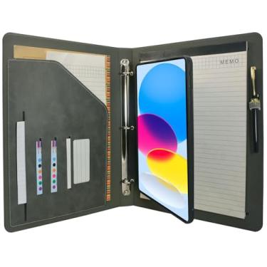 Imagem de Capa organizadora para tablet com fichário de 3 anéis, pasta de arquivo com suporte removível para tablet, compatível com iPad (A16) 11ª geração 2025 / iPad 10ª geração 2022 (cinza)