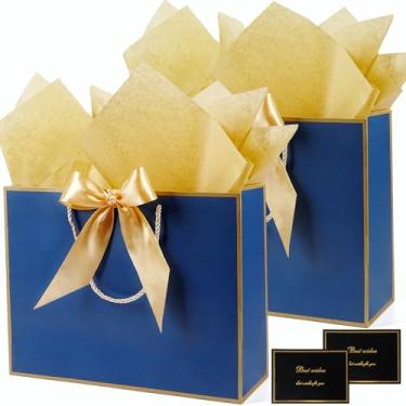 Imagem de Sacos de presente azul marinho 33 x 25 x 10 cm, conjunto grande de sacolas de presente com papel de seda e cartão comemorativo, 2 sacos de presente com alças de fita de laço, sacos de presente de
