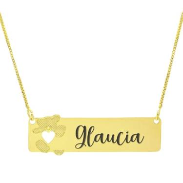 Imagem de Colar Personalizado Ursinho Coração Vazado Gravação Glaucia Banhado Ouro 18K - 999012339
