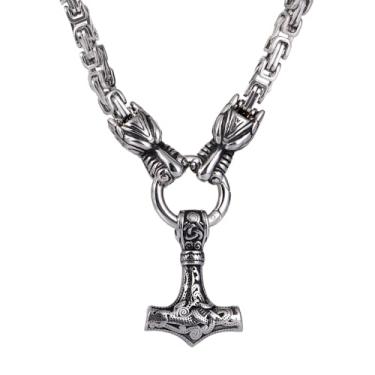 Imagem de TURTLEDOVE Colar viking de martelo de Thor, corrente bizantina de cabeça de dragão dupla, pingente nórdico de aço inoxidável, presentes viking para homens