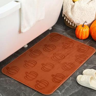 Imagem de Nuanchu Fall Pumpkins Tapete de banheiro antiderrapante lavável 3D em relevo tapete de banho 80 x 50 cm Boho abóbora padrão tapete absorvente de água para banheiro cozinha entrada outono decoração