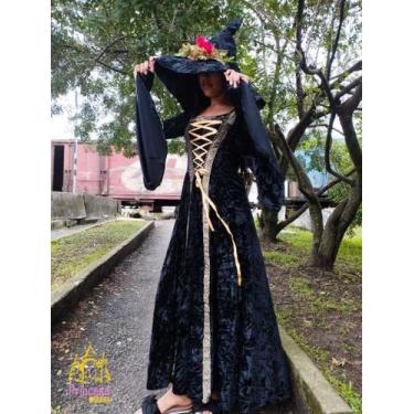 Imagem de Vestido bruxa medieval acompanha chapéu na cor preta veludo - Princesa