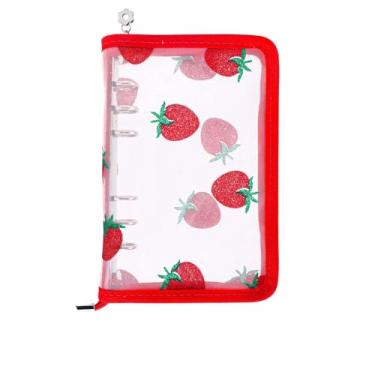 Imagem de AxeWoodz Fichário vermelho A6 transparente recarregável para notebook capa de renda de morango com 6 anéis de PVC para agenda de fotos, álbum de fotos